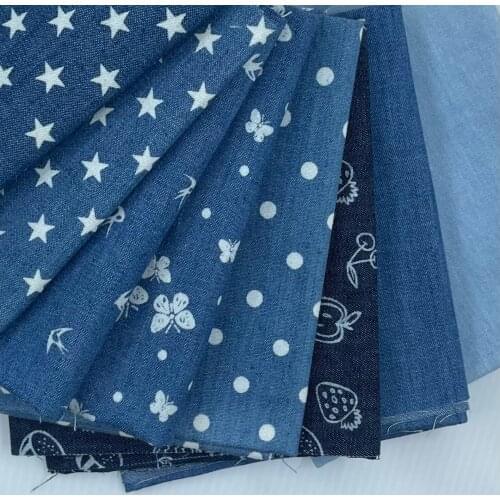 Thin Cotton Solid Color Denim Washed Blue And White Printed Cloth DIY Clothes Shirt Cloth Bjd, Doll Clothing Fabric 150x100cm