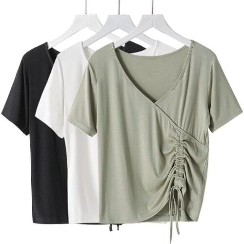 Summer Cotton Soft Women Tops Short Sleeve V-Neck Drawstring Slim Shirt Elegant Lady Bottoming Tops Streetwear Plus Size M-7XL