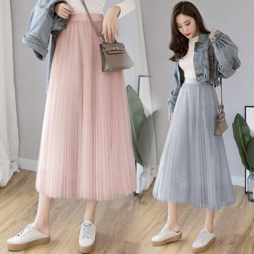 Spring Puff 3-layer Mesh Long Pleated Skirts Sweet Layered Tulle A-line Solid Princess Tutu Ankle Long Skirts Pink Coffee