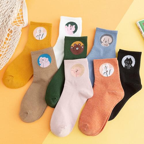 Japanese Harajuku Women Funny Socks Autumn Winter Cartoon Animal Head Kawaii Pink Socks Cotton for Ladies 412