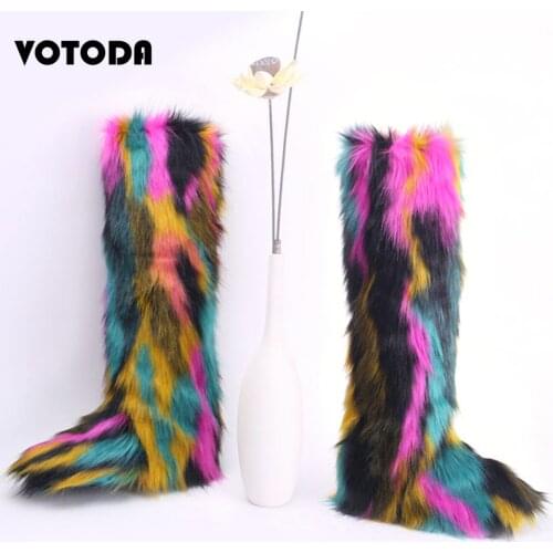 Women Boots Fox Fur Snow Boots Winter Warm Luxury Faux Fur Boots Over The Knee High Style Boots Shoes Fluffy Plush Colorful Boot
