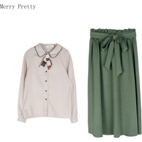 Womens Two Piece Set Peter Pan Collar Tie Blouse Hight Waist Knee Length Bow Sashes Pleated Skirt 2021 Spring Top And Skirt