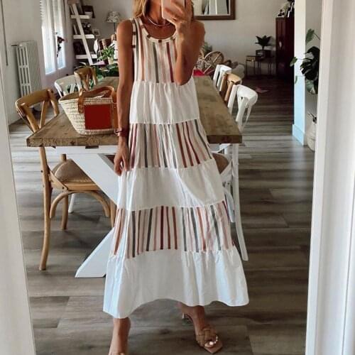 Casual Women Robe Sexy Maxi Dress Summer 2021 Sleeveless V-neck Striped Loose Dress Big Swing Backless Plus Size Women Clothing