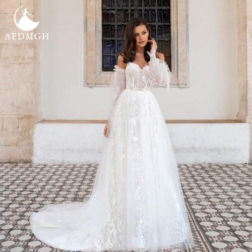 Aedmgh A-Line Beach Wedding Dresses 2021 Strapless Off The Shoulder Long Sleeve Vestido De Novia Lace Backless Robe De Marige