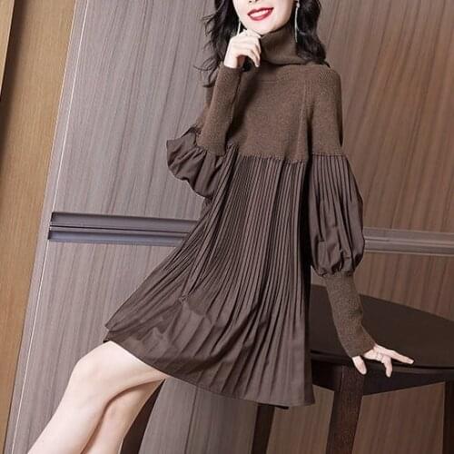 Winter Fall Fashion Women Clothing , Woman Turtleneck Knit Patchwork Sweater Dress , Korean Casual Womens Knitted Dresses