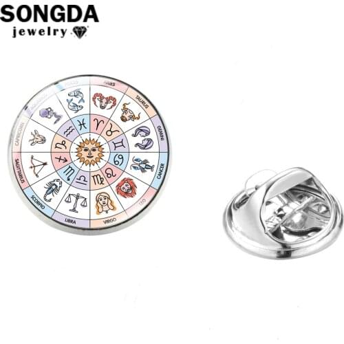 SONGDA 12 Zodiac Sign Horoscope Astrology Stainless Steel Pin Witch Constellations Compass Brooches Bag Shirt Lapel Pins Buckle