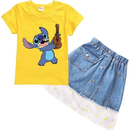 Stitch Girl Clothing Sets Kids New Clothes Baby Girl Cotton T Shirt+jeans Skirt 2Pcs Sets Children Casual Outfits