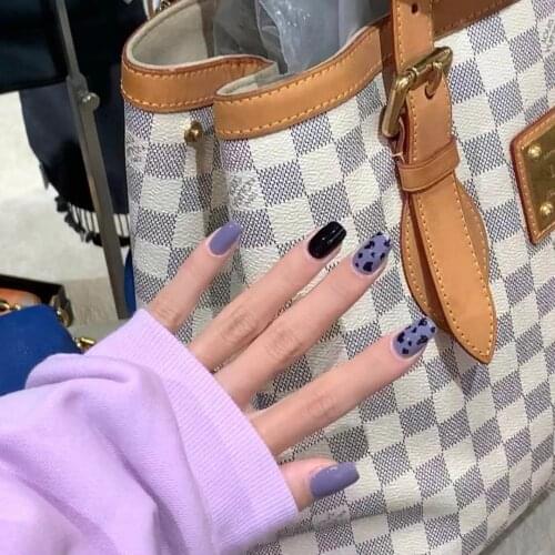 24pcs Fake Nails With Glue Leopard Print Purple Black Type Removable Short Paragraph Fashion Manicure False Nails Patch DL