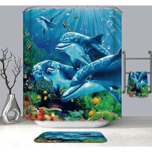 3D Colorful Underwater World Shower Curtains Dolphin Starfish Waterproof Mildew Proof Thickened Bath Curtains for Bathroom