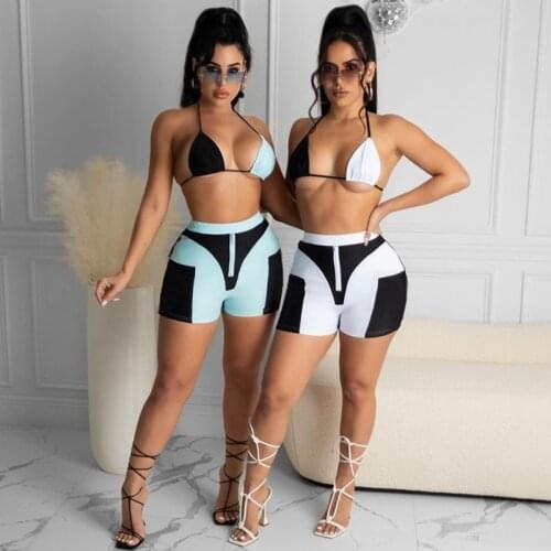 Color Blocking Sexy Matching Set Women 2021 Bandage Sexy Club Crop Top And Zipper Shorts Two Piece Sets Skinny Outfits