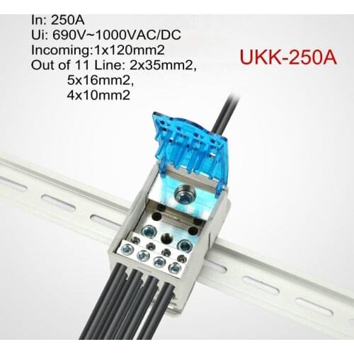 250A Din Rail 1 in Many Output Terminal Block for Distribution Box Universal Power Junction Box Electric Wire Connector UKK250A