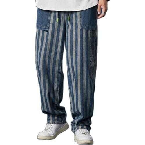New Fashion Stripe Jeans Men Women Casual Denim Trousers Straigth Loose Baggy Hiphop Harem Pants Streetwear Jeans Elastic Waist