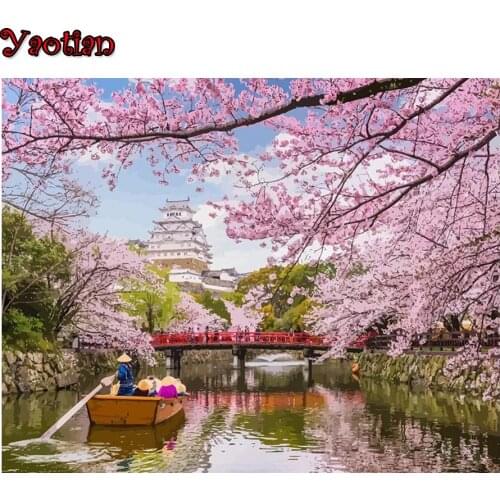 Photo Custom 5d round diamond painting Cherry Blossom River diamond embroidery full square 5d diamond cross stitch mosaic puzzle