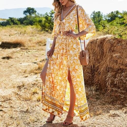 Summer Bohemia Sexy Two Piece Sets Sexy Outfit Suit Women Floral Crop Tops V Neck Half Sleeve Beach Boho Long Dress 2 Piece Sets