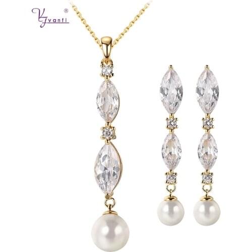 Kfvanfi marquise stone cubic zirconia dangle drop earrings pearl necklace pendant set
