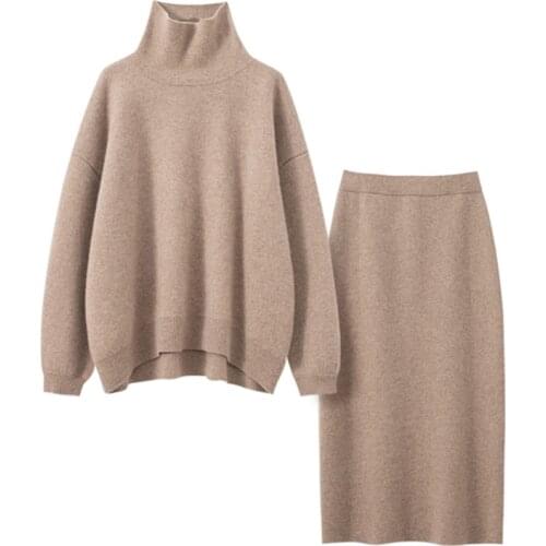 Autumn winter new female loose turtleneck sweater two-piece skirt loose thick suit Women skirt suit knitted cashmere suit