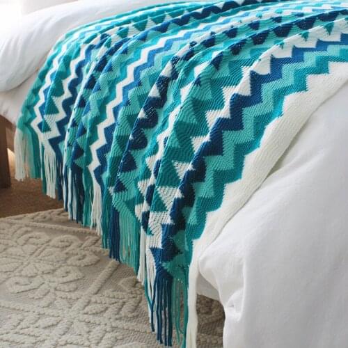 Bedding Article Ethnic Blanket Boho Bohemian Stripe Wave Knitted Sofa Bed Couch Throw Tassel Home Sofa Blanket