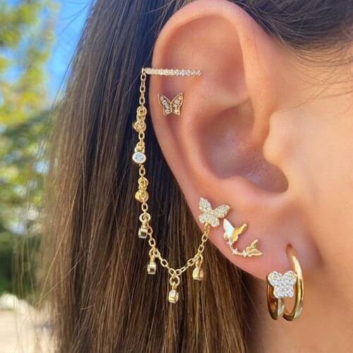 Starose Gold Color Butterfly Earrings Set Chain Ear Piercing Helix Piercing Stud Rhinestone Tassel Earrings for Women Jewelry