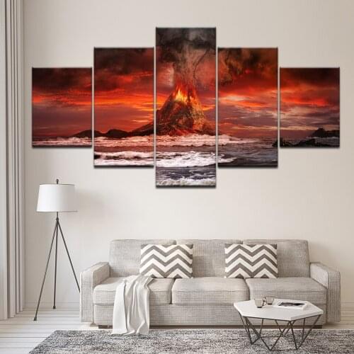 High Quality HD Printed 5 piece canvas art painting volcanic sea sunset clouds sky room decor wall pictures for living room