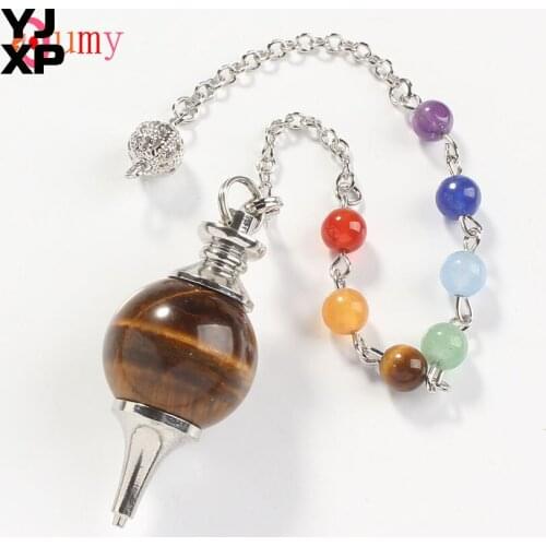 YJXP Tiger Eye Stone Round Beads 7 Chakra Reiki Healing Spiritual Pendulums Dowsing Pendant Charms Jewelry Gift