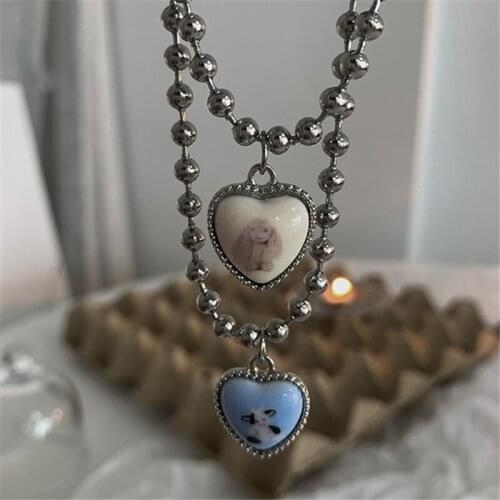 AOMU Japanese Cute Blue White Metal Rabbit Love Necklace Smooth Irregular Geometric Long Clavicle Chain for Women Jewelry Gifts