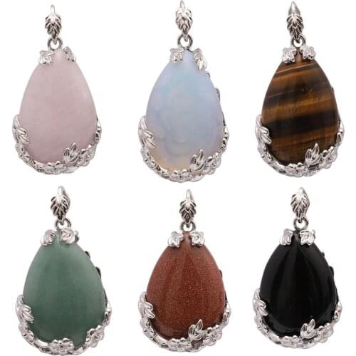 Flower Design Wrapped Stone Pendant Metal Chain Pink Teardrop Stone Necklace for Women Fashion Jewelry