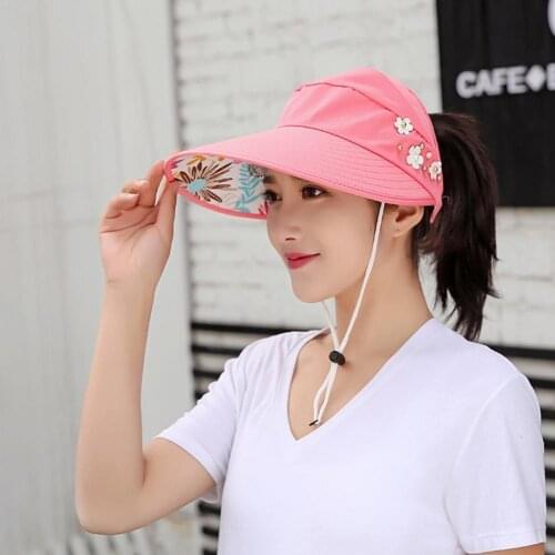 UV Protection Women Summer Beach Sun Hats Pearl Packable Sun Visor Hat With Big Heads Wide Brim Female Cap