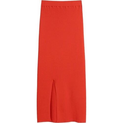 MESTTRAF Women 2021 Fashion Solid Color Slit Ribbed Knit Midi Skirt Vintage High Elastic Waist Female Skirts Streetwear