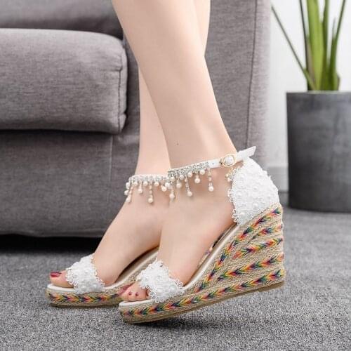 Women sandals wedding Party banquet Lace PU Rhinestones Buckle Strap 9CM Wedges High Heels Round Toe women shoes size 35-42