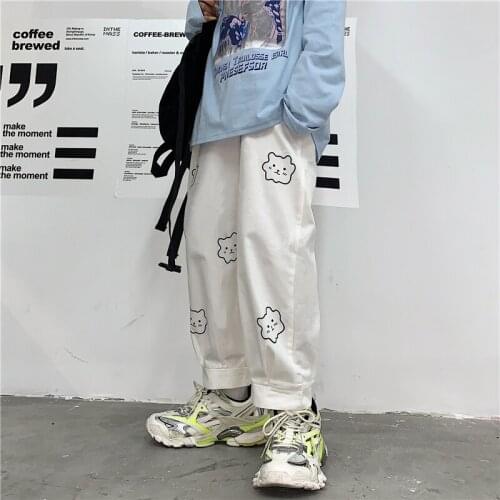 Harajuku 2021 Summer New Womens ins Teddy Bear Printed Casual Pants Loose Wild Womens Ttrousers White Streetwear