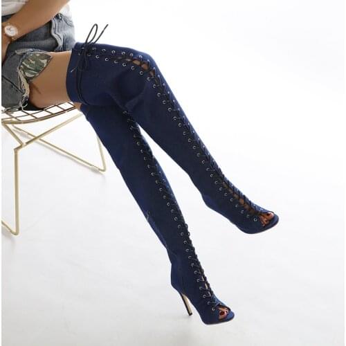 Blue High Heels Sexy Cross Strappy Over The Knee Boots Fall Open Toe Lace Up Long Boots 12cm Heeled Womens Boots Size 42 Botes