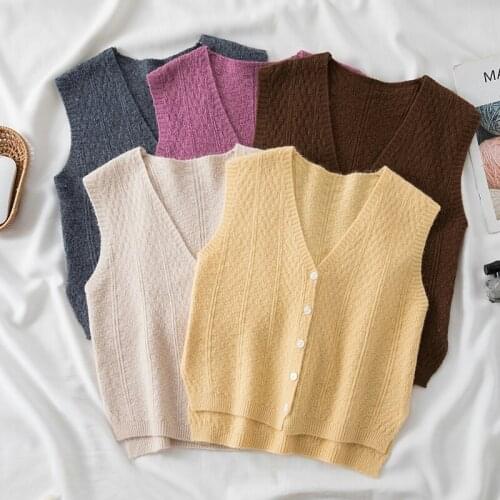 Gkfnmt Women Short Knitted Sweater Sleeveless Korean Women Solid Color Vest Ladies V-Neck Pullover Female Tops Waistcoat Coats
