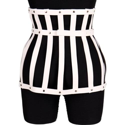 White Skirt Leather Harness Cage Waist Belt Punk Goth Sexy Lingerie Dress Hollow Out Suspender Body Harness Harajuku Dance Rave