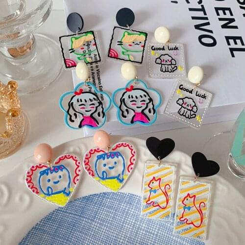 ZiccoWong Acrylic Geometric Animal Girl Long Drop Earirng Handmade Graffiti Painting Trendy 2021 Fashion Dangle Party Jewlery