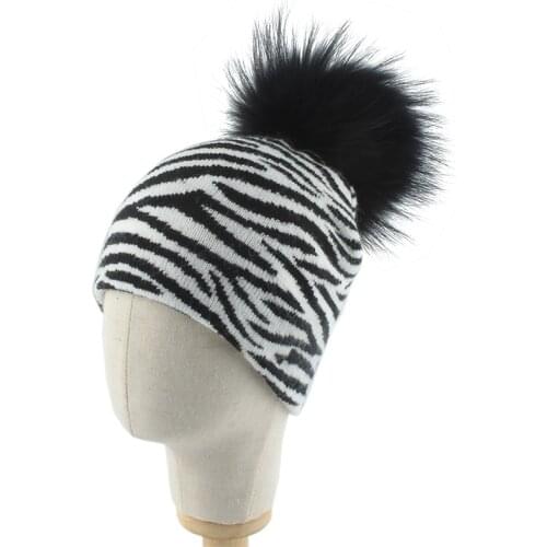 2020 Fashion Zebra Striped Beanies For Women Winter Warm Knitted Wool Hat Parent-Child Real Fur Pompom Cap