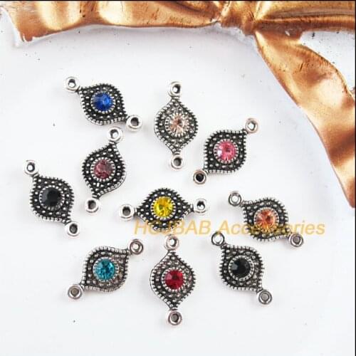 30Pcs Tibetan Silver Tone Retro Eye Mixed Crystal Charms Connectors 8x16mm