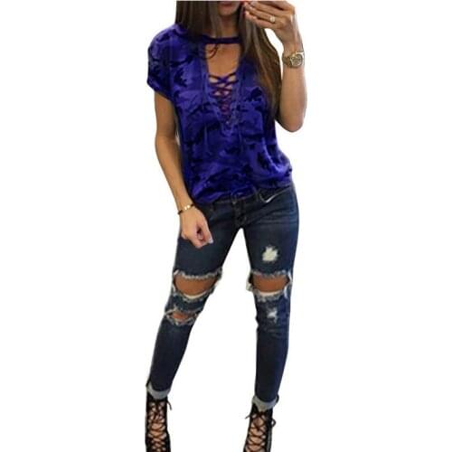 Openwork V-collar Short Sleeve T-shirt Camouflage Low-cut Sexy Womens Casual Fashion Personality T Shirt Free Shipping