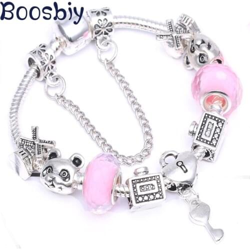 Boosbiy European Style Cartoon Beads Fit Silver Color Charm Bracelet DIY Heart & Key Pendant Fine Bracelet For Kids Gift