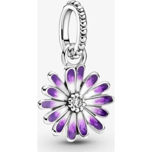 Authentic 925 Sterling Silver Purple Flower Dangle Charms Beads Fits Original Pandora Bracelet Women DIY Jewelry Making Kralen