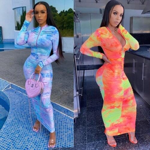 Tie Dye Ruched Long Dress Sexy Zipper V Neck Boydcon Dresses Long Sleeve Autumn Winter Clothes Women Fashion Streetwear 2021