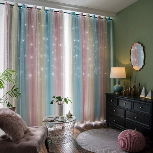 Double Layer Hollow Star Blackout Curtains for Living Room Kids Bedroom Colorful Window Curtain Drapes with White Tulle