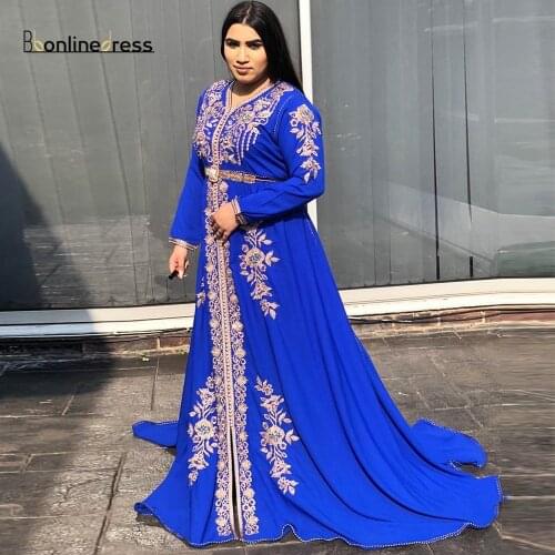 Elegant Royal Blue Moroccan Caftan Evening Dress 2020 Embroidery Crystal Beading Muslim Arabic Evening Formal Gowns Plus Size