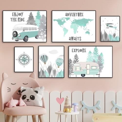 Map RV Mountain Forest Compass Travel Wall Art Canvas Painting Nordic Posters And Prints Wall Pictures For Baby Kids Room Decor