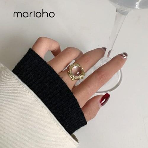 Marioho Fashion Texture Geometry Ring Jewelry Niche Design Light Luxury Colorful White Glass Labradorite Mental Adjustable Rings
