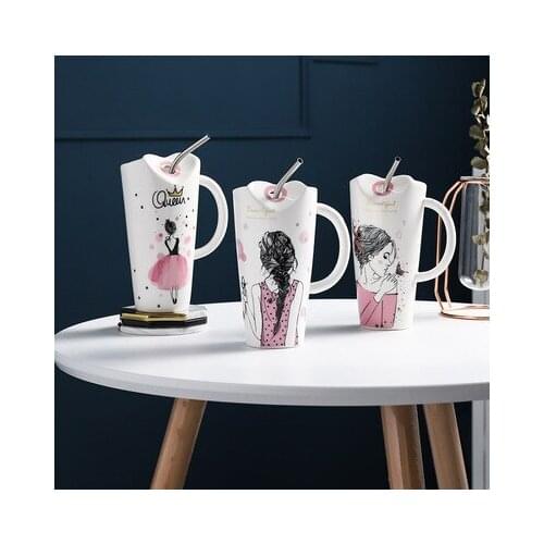 Cute Girl Ceramic Cup 450ml Porcelain Coffee Mug with Straw Women Home Milk Tea Juice Cups Birthday Gift