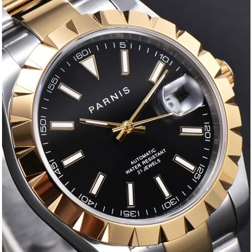 New Parnis Automatic Mechanical Mens Watch Stainless Steel Bracelet Gold Bezel Sapphire Crystal Date Mens Watches 2020 Box gift