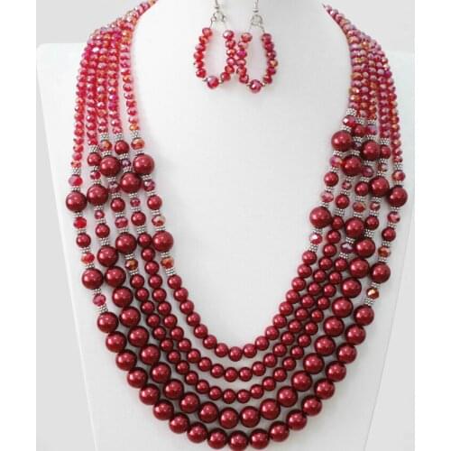 Original design dark red glass crystal round shell simulated-pearl beads 5rows necklace earrings for women jewelry set B983-1