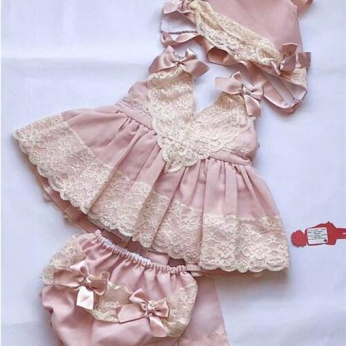 3PCS Summer Lolita Prnicess Vintage Pink Lace Condole belt Sleeveless Bow Ball Gown Dress For Baby Girls Birthday Party Easter