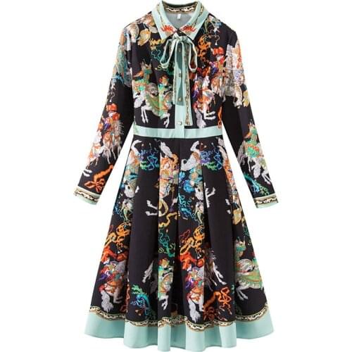 PERHAPS U Black Print Turn Down Collar Button Zipper Long Sleeve Empire A-line Knee Length Dress Autumn D2143
