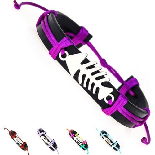 Handmade Cute Tibetan Silver Color fish bone Charms Gift Leather Bracelets Bangles Punk Male Rope Chain Wholesale Men Jewelry